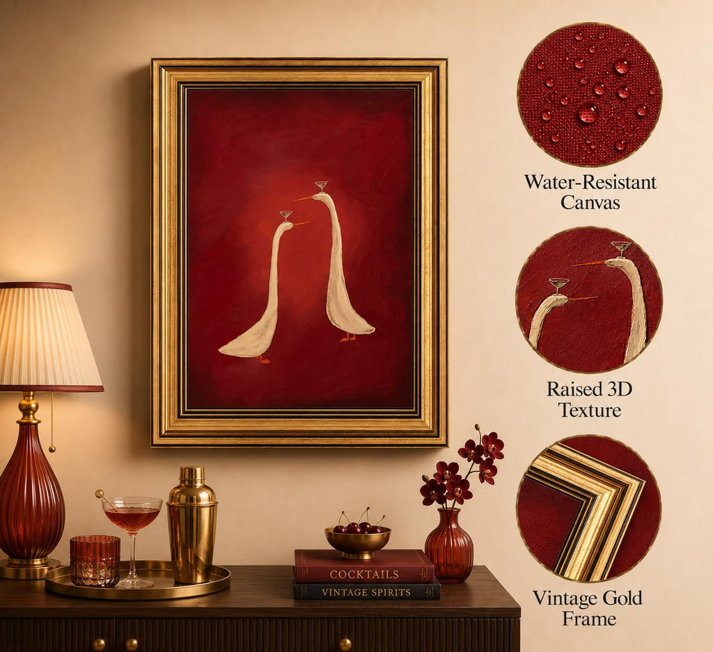 Gold Framed 3D Textured Wall Art, Red Martini Duck Canvas Prints, Minimalist Cocktail Animal Pictures Decor, Funny