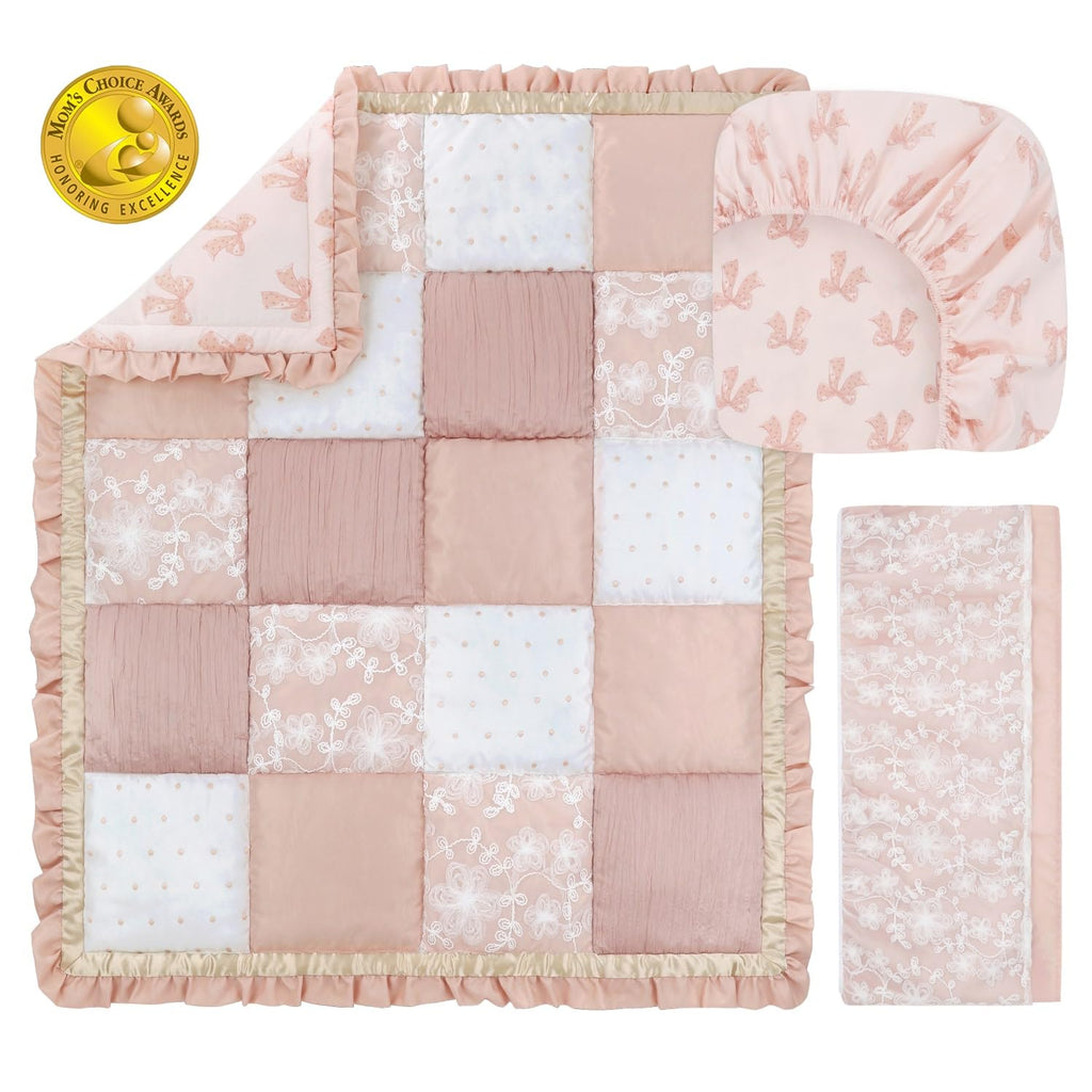 3 Piece Baby Crib Bedding Set for Girls - Cotton Fitted Crib Sheet, Layered Dust Ruffle, Comforter, Newborn, Infant &