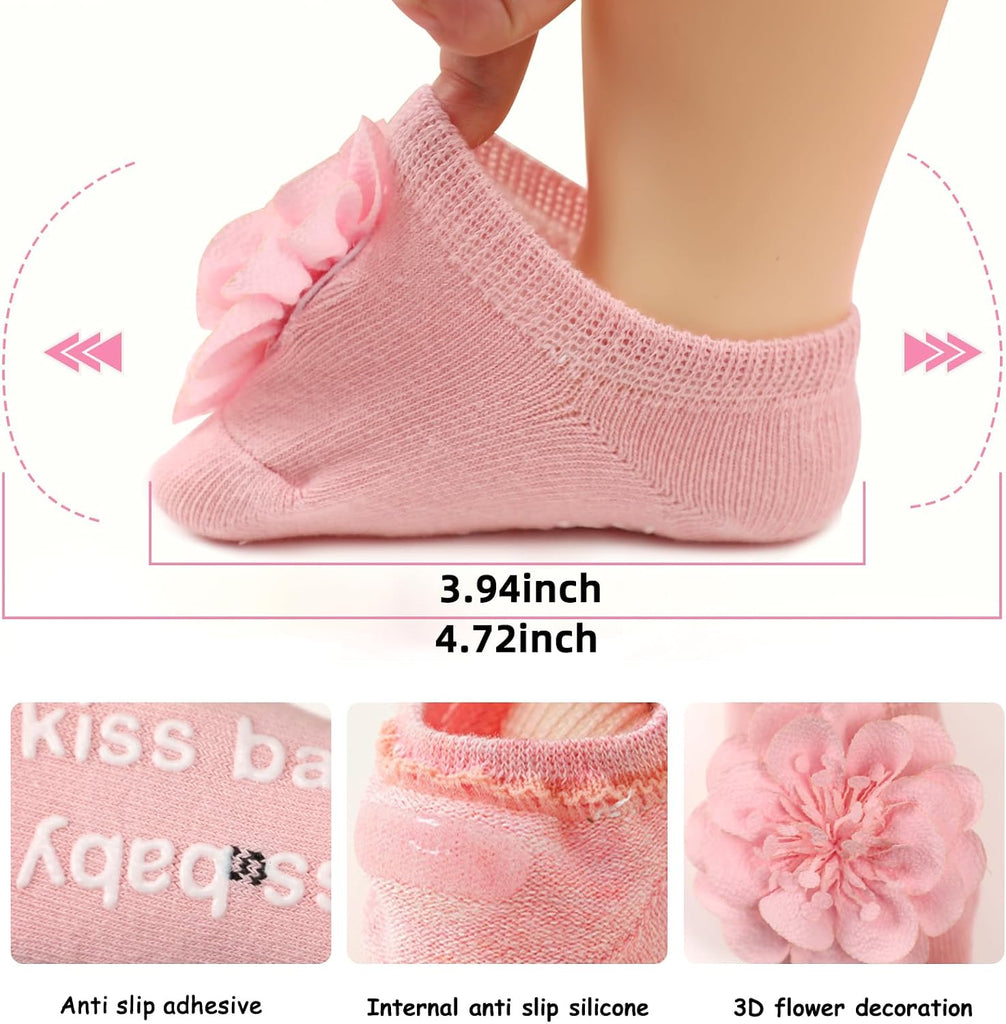 Baby Girl Socks with Non-Slip Grips, 4 Pairs Cute Soft Cotton Breathable Flower Infant Ankle Socks