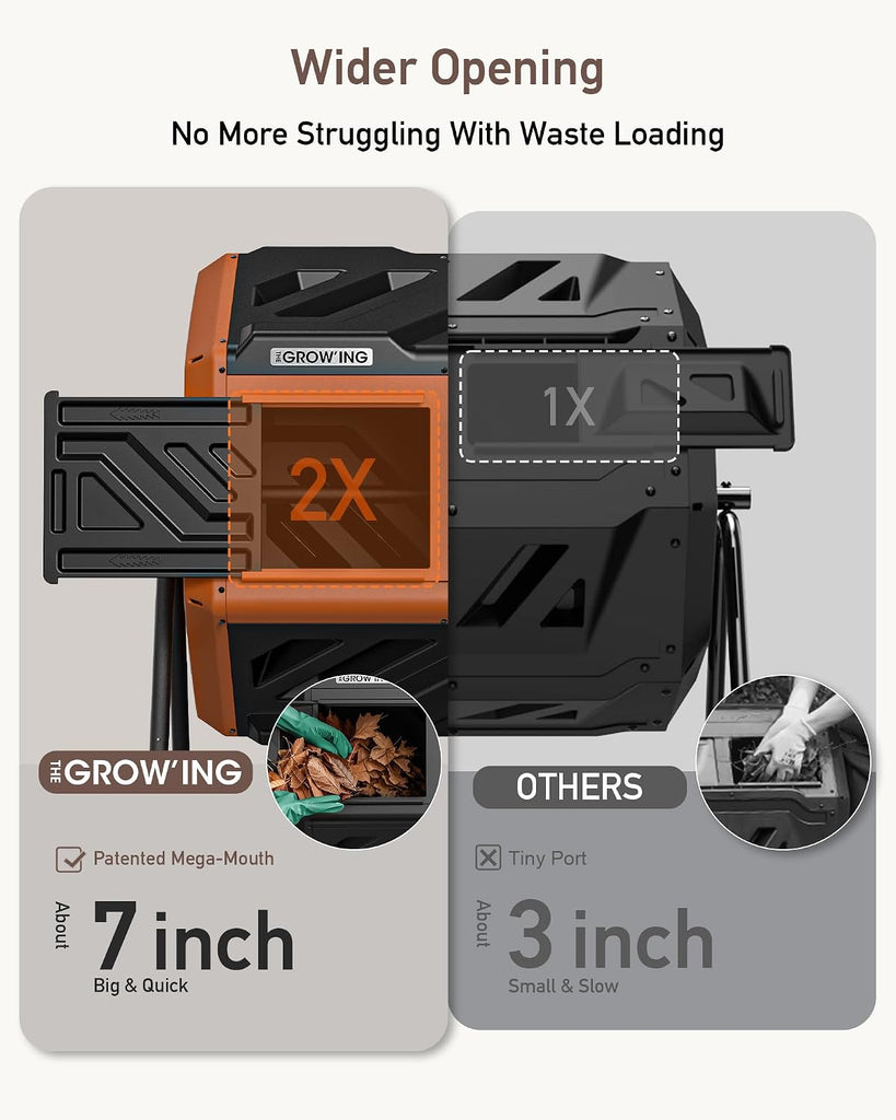 THE Growing 43 Gal Outdoor Compost Bin Tumbler for Backyard Yard, Orange | Twin 21.5gal chambers hold recycling.