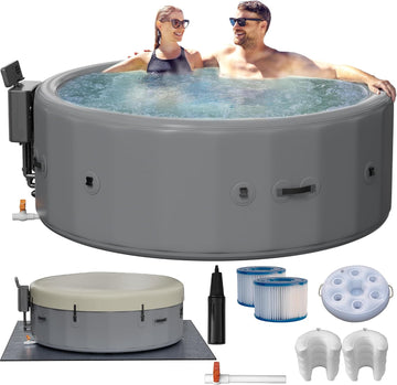 77 Inch Drop-Stitch Inflatable Hot Tub for 6 Person, Rigid Portable Outdoor Spa with 160 Bubble Jets, 104°F Smart