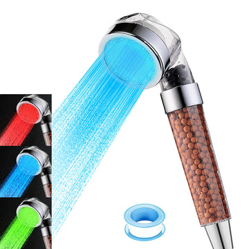 Temperature Controlled 3-color Changing Shower Head Kit, Water Saving Showerheads with Filtration Beads, LED High
