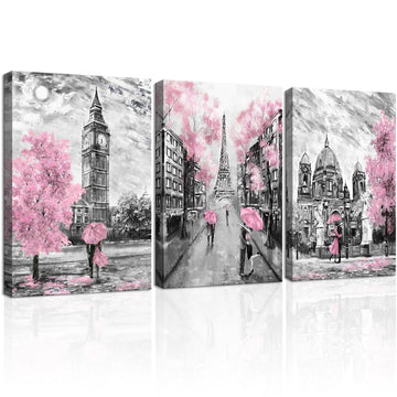 Black and White Canvas Wall Bedroom Bathroom Girls Pink Paris Theme Room Decor Oil Painting Print London Big Ben