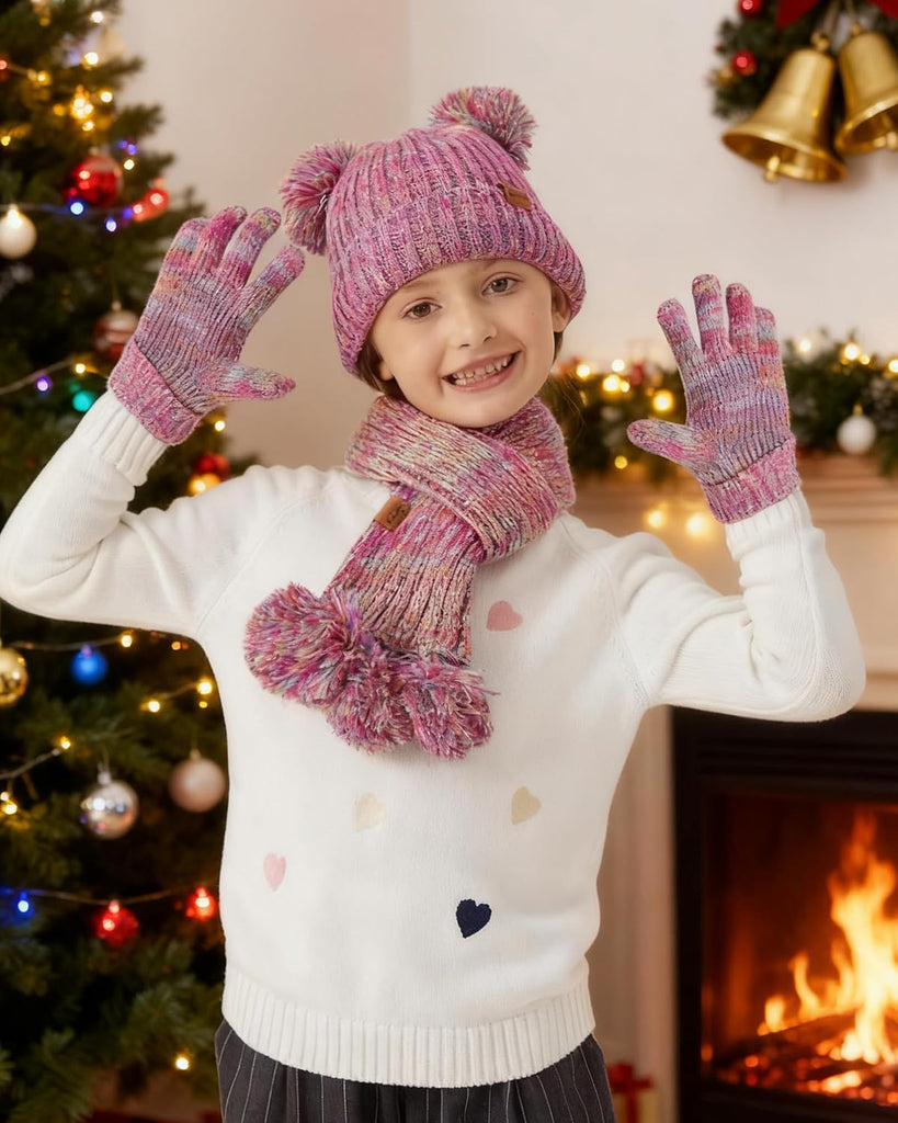 Kids Winter Hat Gloves Scarf Set, Knit Neck Warmer for Boys Girls Beanie & Mittens with 2 Sizes ( & )