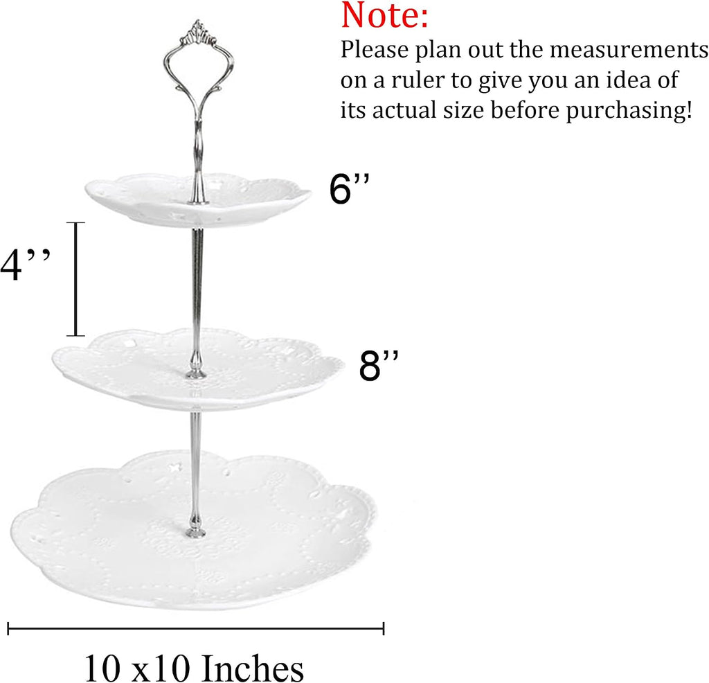 3 Tier White Porcelain Cake Stand, Cupcake Stand with Silver Pilar