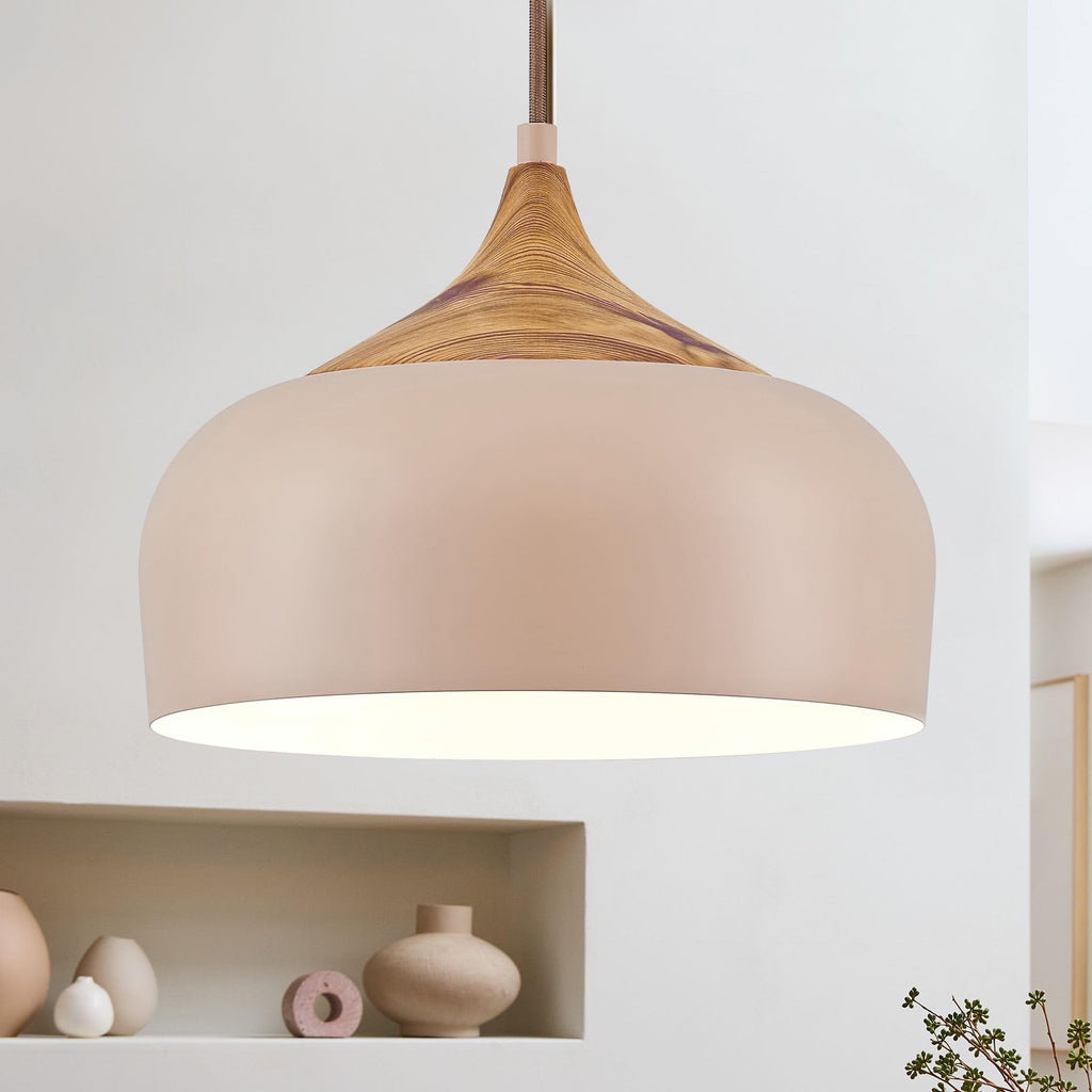 12 Inch Modern Japandi Pendant Light Island Farmhouse Hanging Lamp with Faux Pine Wood Grain Metal Shade, Adjustable