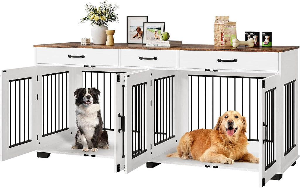 Large Dog Crate Furniture for 2 Dogs with 3 Drawers, Heavy Duty Double Indoor Dog Kennel and TV Stand