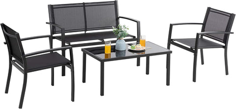 4 Pieces Patio Furniture Sets,Outdoor Patio Conversation Sets with Glass Coffee Table, Small Porch Balcony Furniture