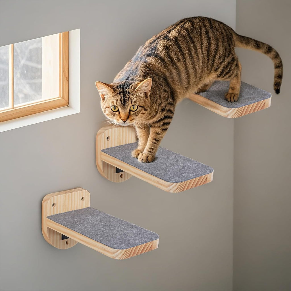 Set of 3 Natural Wood Cat Wall Steps Floating Ladder Stairs