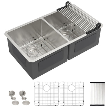33"x19" Undermount Double Bowl Kitchen Sink - 16 Gauge 304 Stainless Steel, Under Counter 50/50 Split Sink Basin