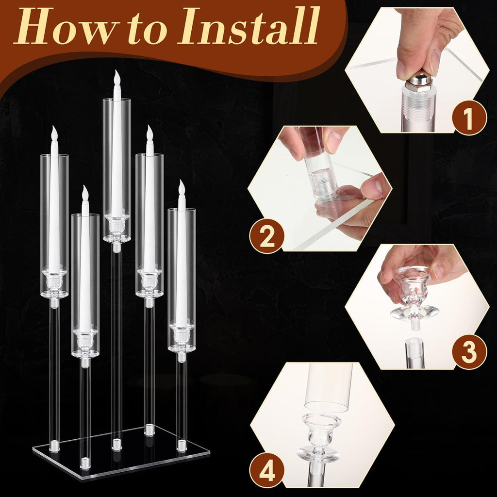 4 Set 5 Arms Acrylic Candelabras Centerpieces with 20 Pcs LED Candles Clear Candle Holder Crystal Taper Candlestick