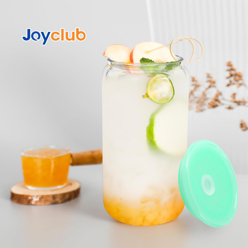 8pcs 16 oz Glass Cups with Acrylic Lids and Straws Can Shaped Iced Coffee Glasses Cute Tumbler Set Drinking Jars for