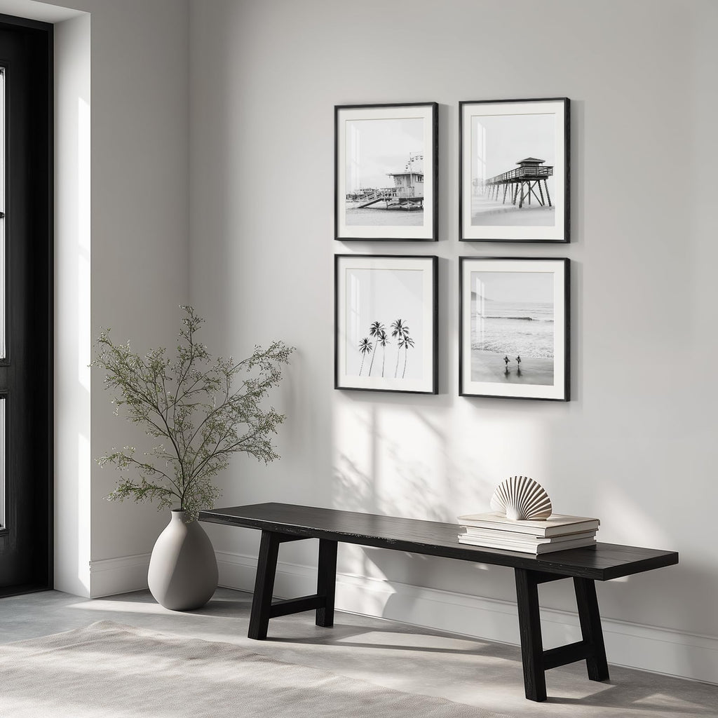 Framed Coastal Beach Black and White Wall Art, 11x14 Inch