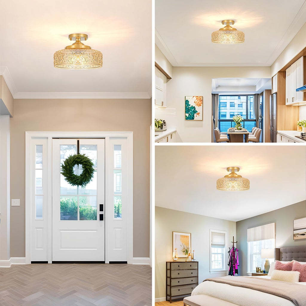 Gold Semi Flush Mount Ceiling Light, 3-Light Close to Ceiling Light with Amber Glass, Vintage Hallway Lights, Brass