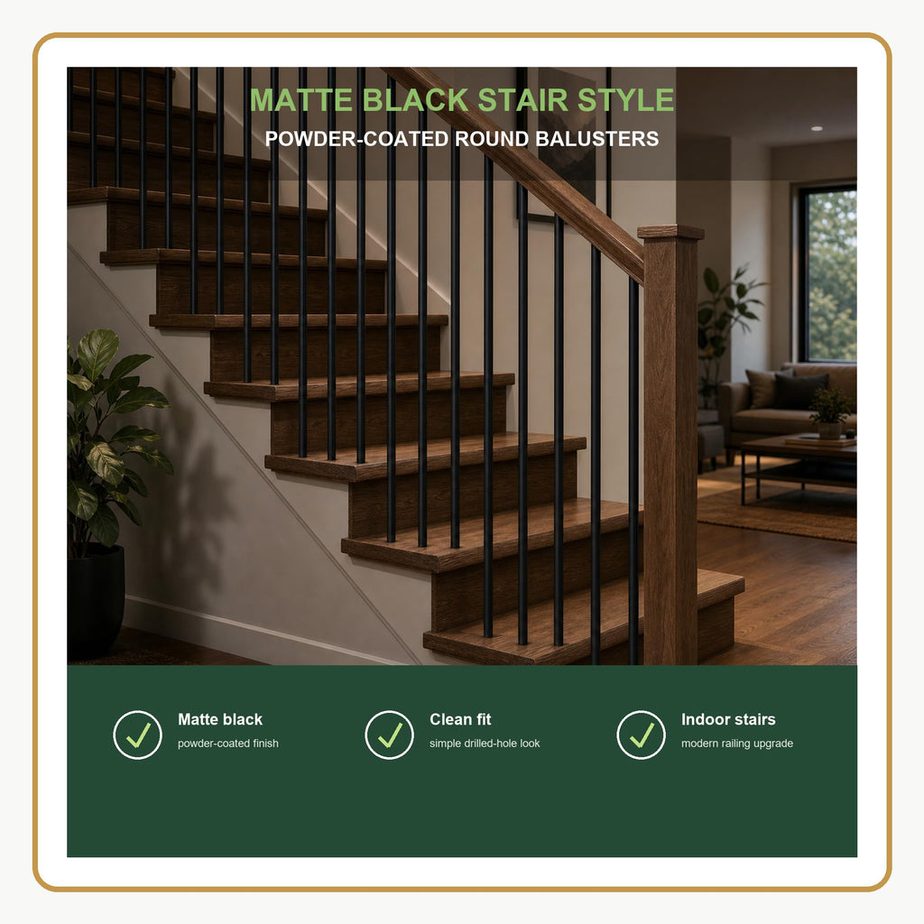 44 in Staircase Balusters, 5/8 in OD Round Black Stair Spindles, 50 Pack