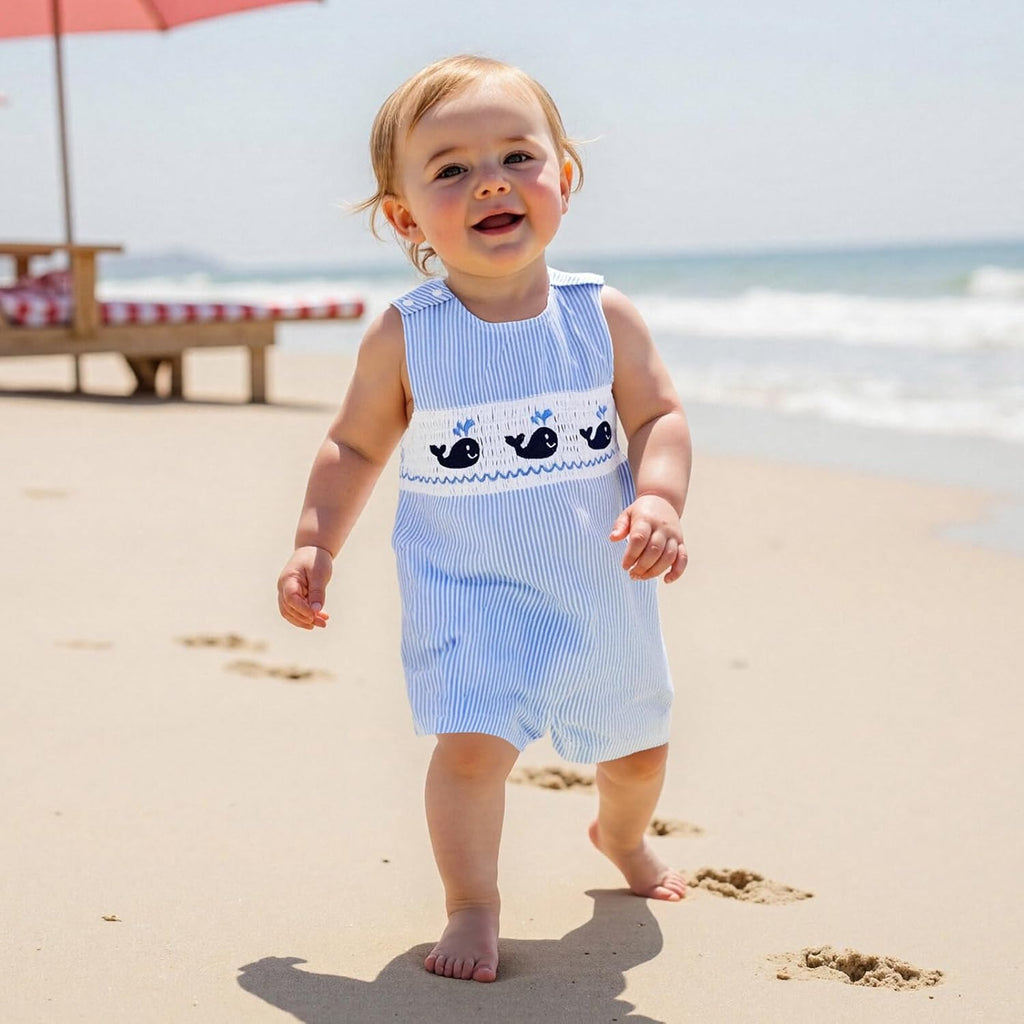 Newborn Baby Boys Sleeveless Seersucker Romper One Piece Straps Overalls Striped Jumpsuit Summer Smocked Clothes