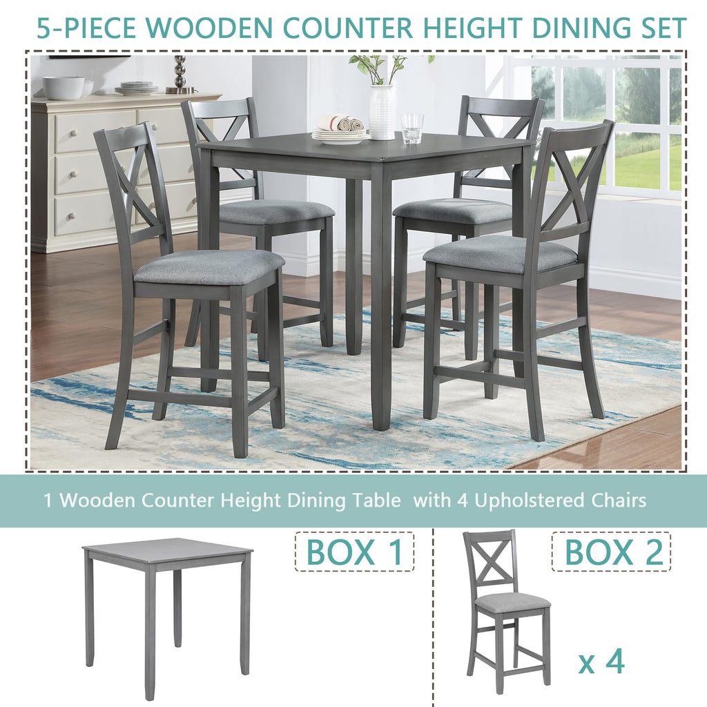 5-Piece Solid Wood Table Set for 4, Farmhouse Counter Height Kitchen Dining Table Set with 4 Upholstered Chairs Bar
