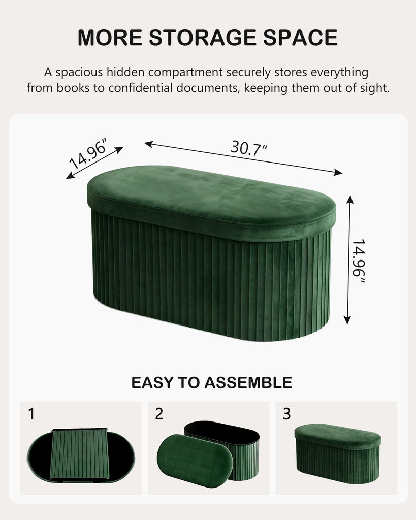 Folding Ottoman with Storage, Oval Velvet Storage Bench, Green