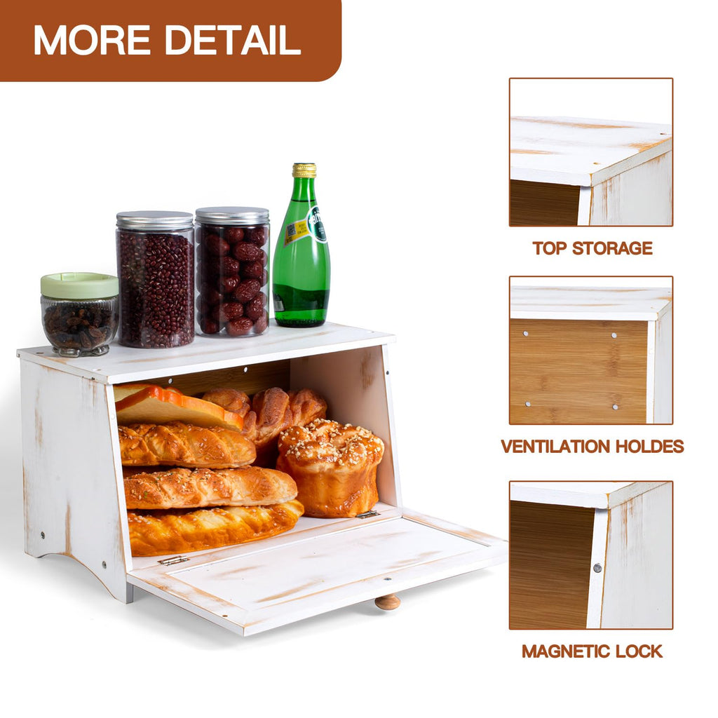 Bamboo Countertop, White Vintage Wooden Counter Breadbox, Single Layer Rustic Wood Large Capacity Bread Storage