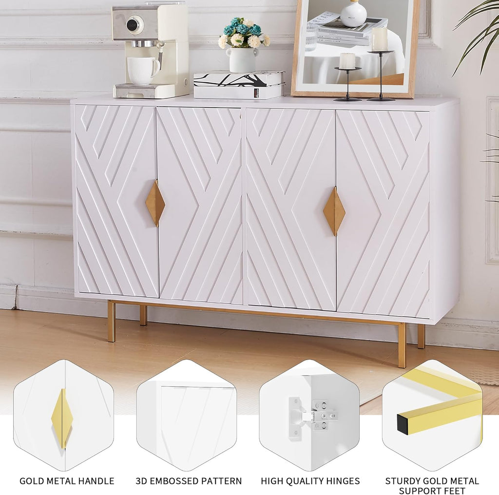 Sideboard Buffet Cabinets with Storage, Accent Storage Cabinets with Fluted Doors, Gold Metal Handle and Legs, Wood