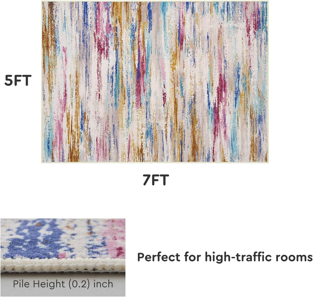 5x7 Area Rugs for Living Room, Colorful Modern Abstract Area Rug, Washable Kids Rugs for Playroom, Non Slip Soft