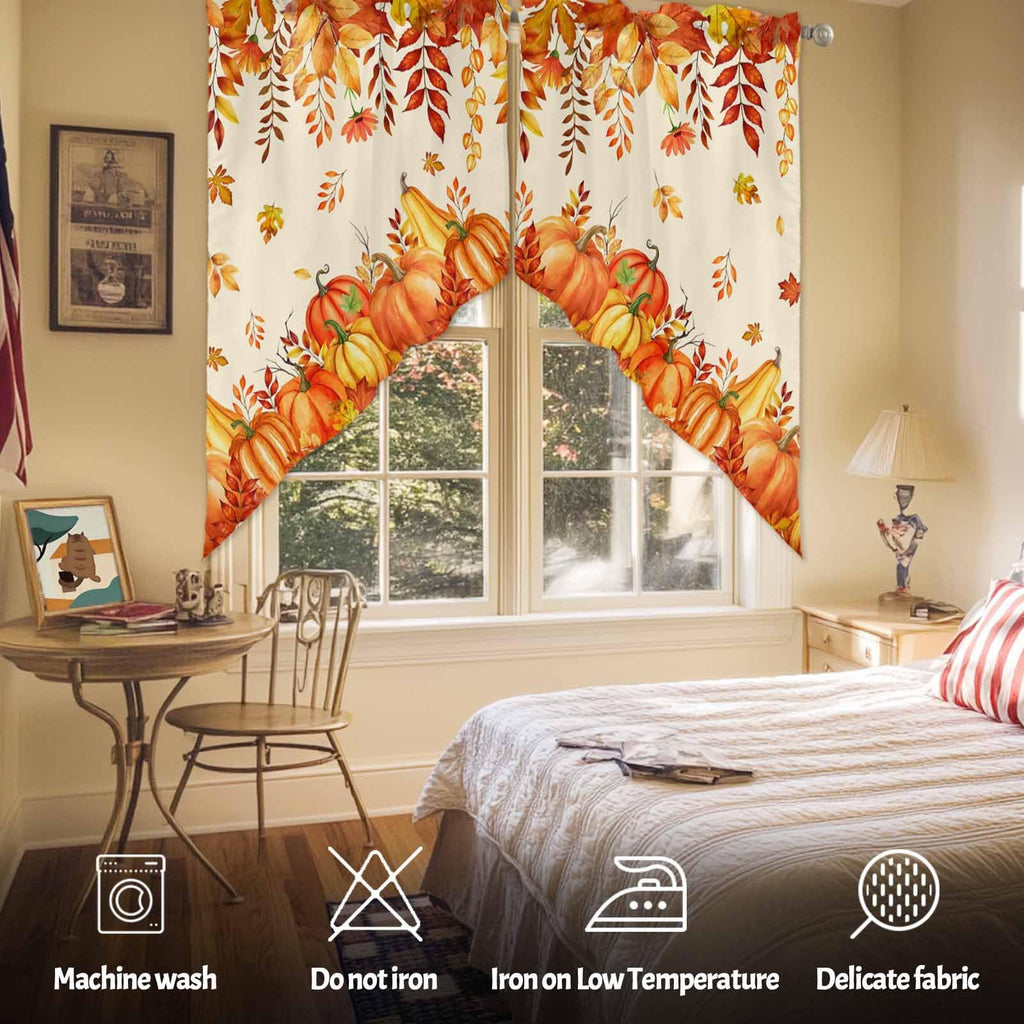 Fall Valances for Windows Thanksgiving Kitchen Window Curtains Over Sink, Orange Pumpkin Maple Leaf Rod Pocket Swag