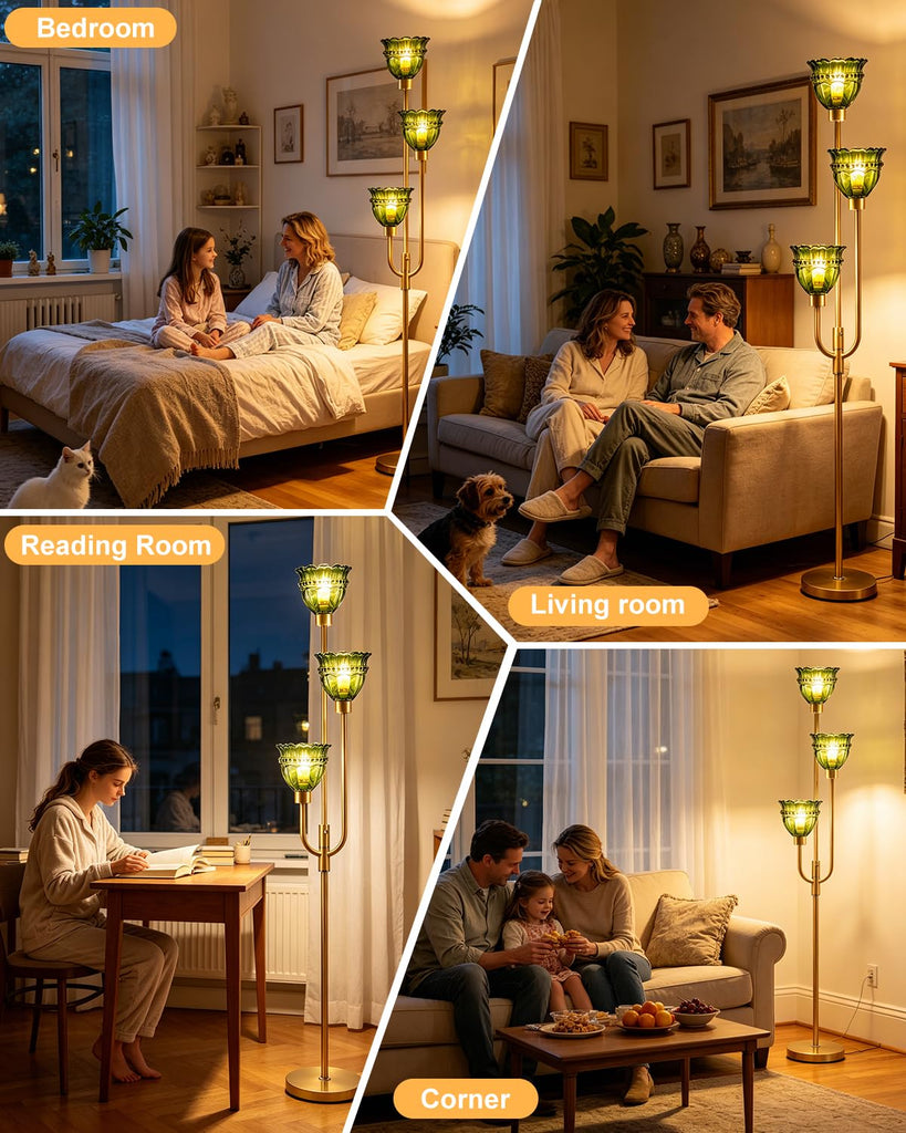 Green Glass Floor Lamp 66IN 3-Light Modern Gold Dimmable Tree Floor Lamps