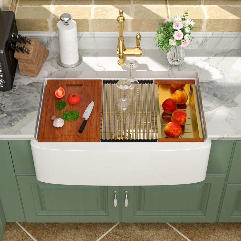 33" White Fireclay Apron Front Farmhouse Sink with Gold Accessories, 33x21x10 All in One Durable Ceramic Workstation