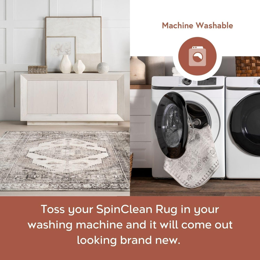 Gladys Machine Washable Vintage Medallion Ultra Thin Area Rug, Light Grey