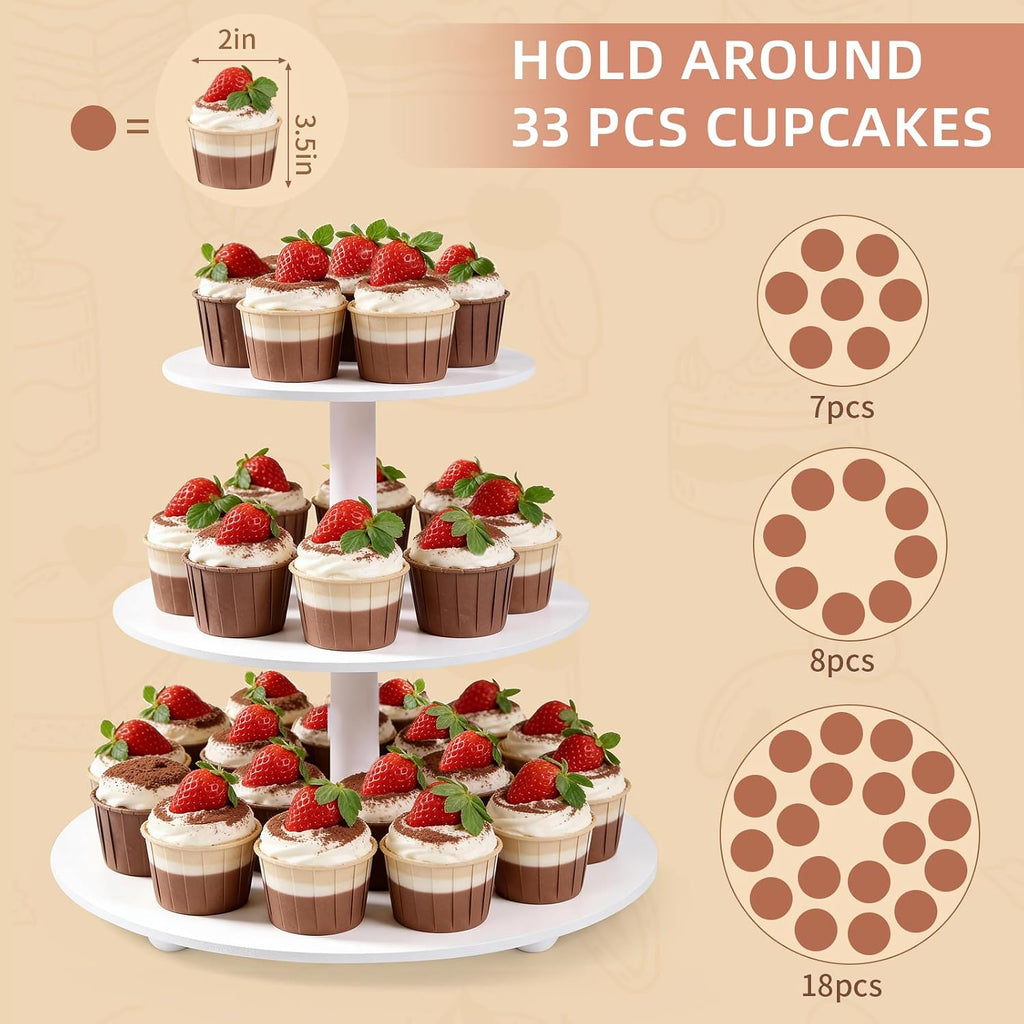 3-Tier Wood Cupcake Stand: 12in White Round stand for cupcake