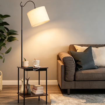 Floor Lamp with Table Industrial Rustic End Table, Industrial Floor Lamp with USB Wireless Charging Port&Charging