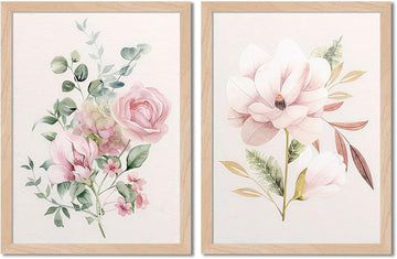 Framed Botanical Wall Art Set of 2, Pink Floral Canvas Prints with Natural Wood Frames, 8x10