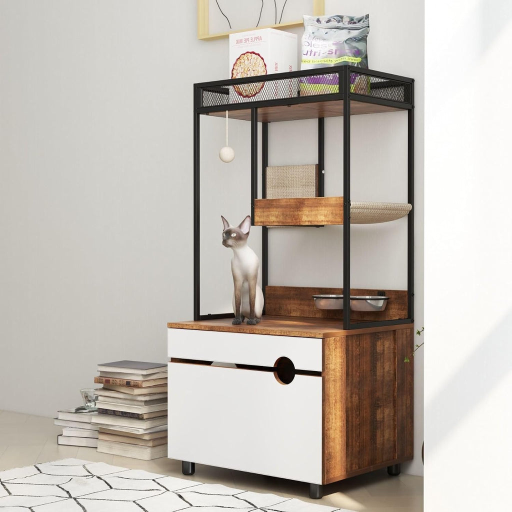 48" Tall Hidden Cat Litter Box Enclosure with Cat Tree Tower, Scratching Pads, and Ample Storage Space, Industrial
