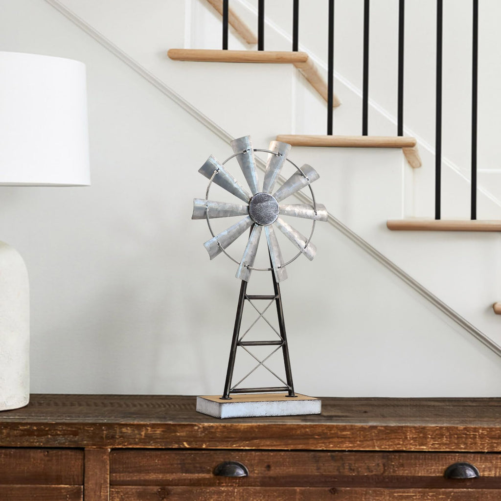 Charming Tall Galvanized Windmill Decor, Metal Windmill Accent for Farmhouse Shelf Decor and Living Room, Adding a