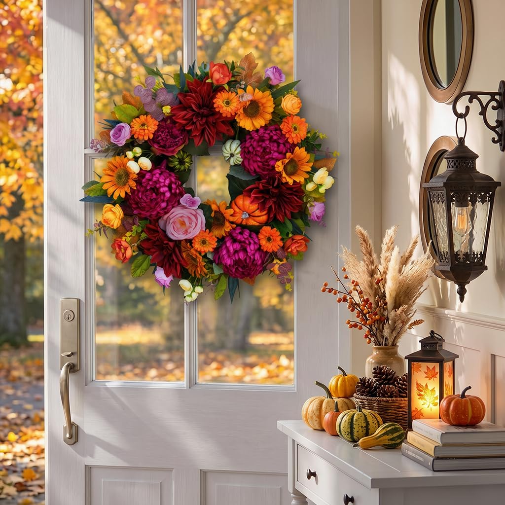 24 Inch Fall Wreath for Front Door, Artificial Harvest Fall Wreath
