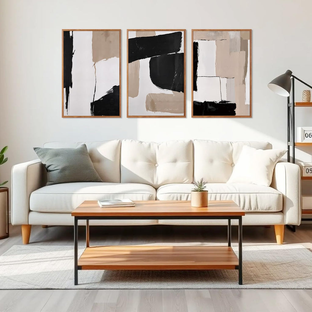 Large Abstract Neutral Framed Canvas Wall Art, Brown Brush Stroke Wall Decor, Minimalist Textured Block Artwork Set of