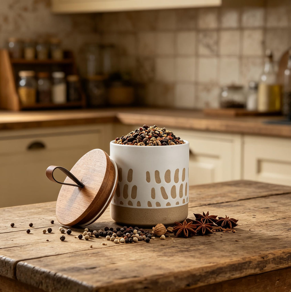 18 FL OZ Ceramic Jar with Airtight Bamboo Lid Boho Coffee Ground Canister
