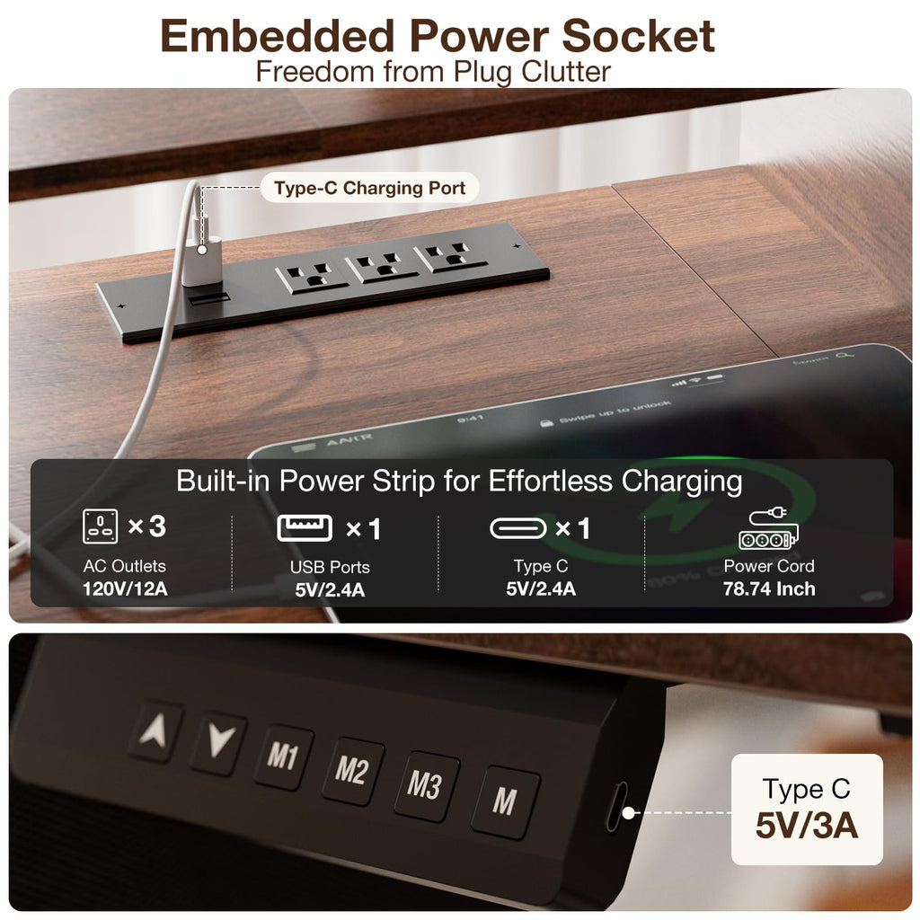 63x32" Electric Standing Desk with 5 Drawers, Power Outlets, LED Light