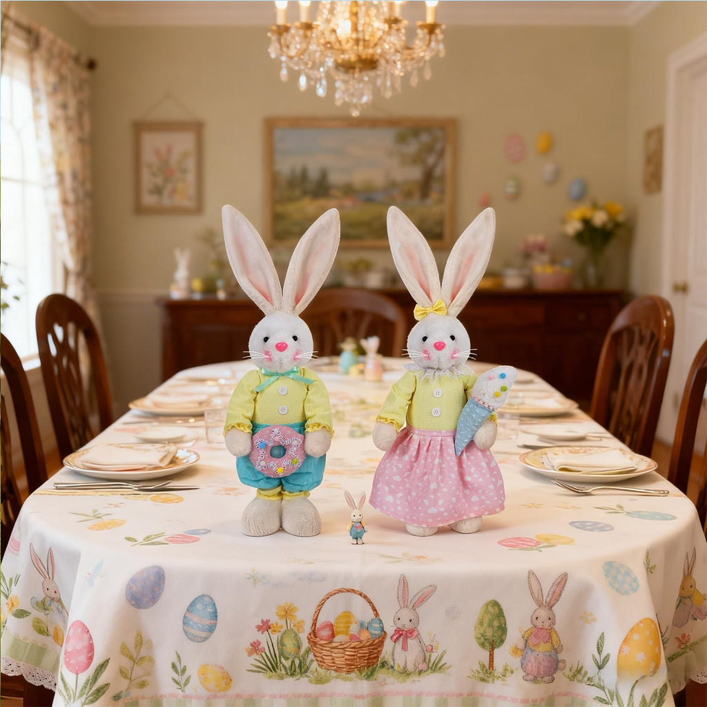 Easter Decorations Standing Bunny with Stretchable Legs, 21" to 26" White Rabbits Couple Figurine, Party Favor - Set of 2