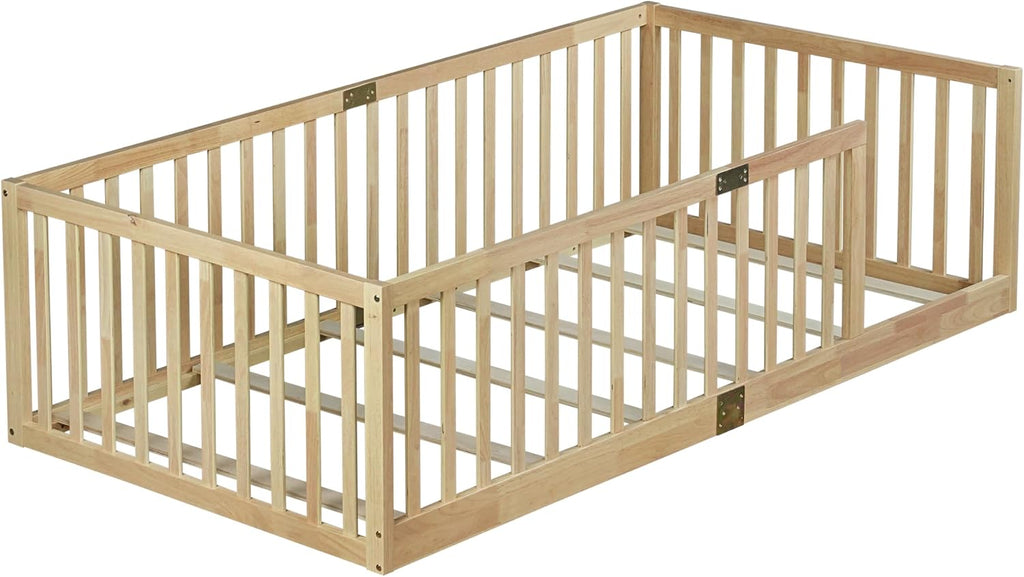 Floor Bed for Kids, Floor Bed with High Fence and Slats, Wooden Montessori Beds for Kids, Natural