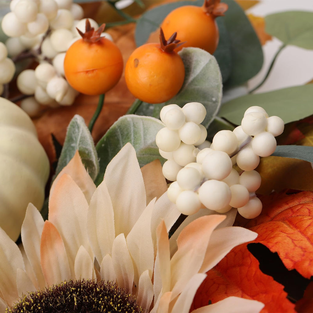 22" Fall Wreaths for Front Door with Pumpkin Sunflower Maple Leaf