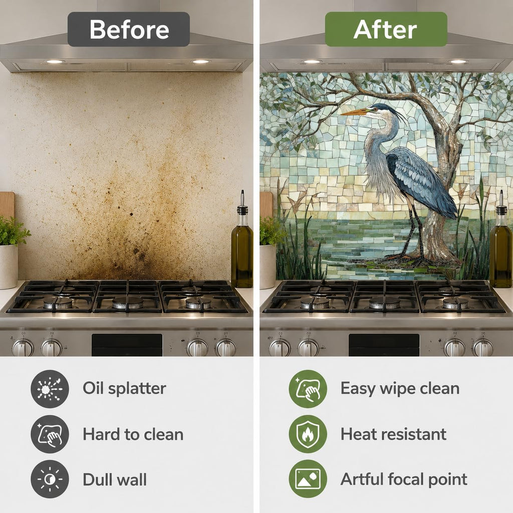 Heron Glass Backsplash, Tempered Glass Backsplash, Glass Backsplash Wall, Kitchen Backsplash, Easy to Install Stove