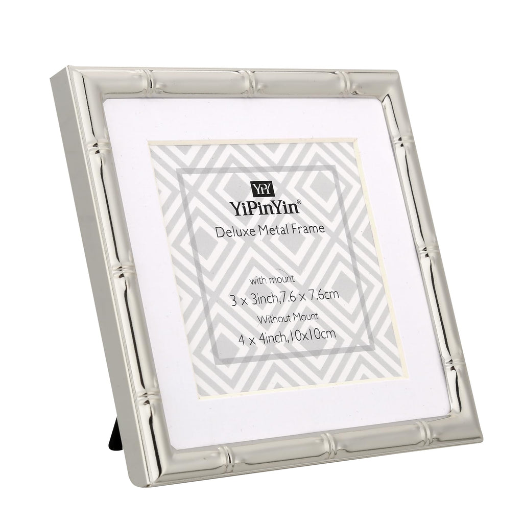 4x4'' Silver Bamboo Metal Picture Frame with 3x3'' Mat Set of 2, 3x3'' Narrow Elegant Silver Plated Metal Picture
