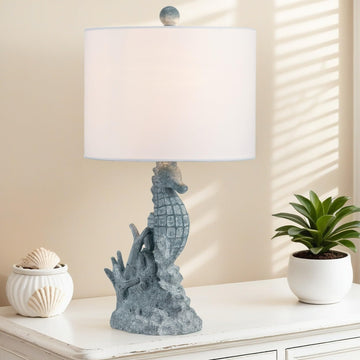 21" Coastal Resin Seahorse Table Lamp, Light Blue