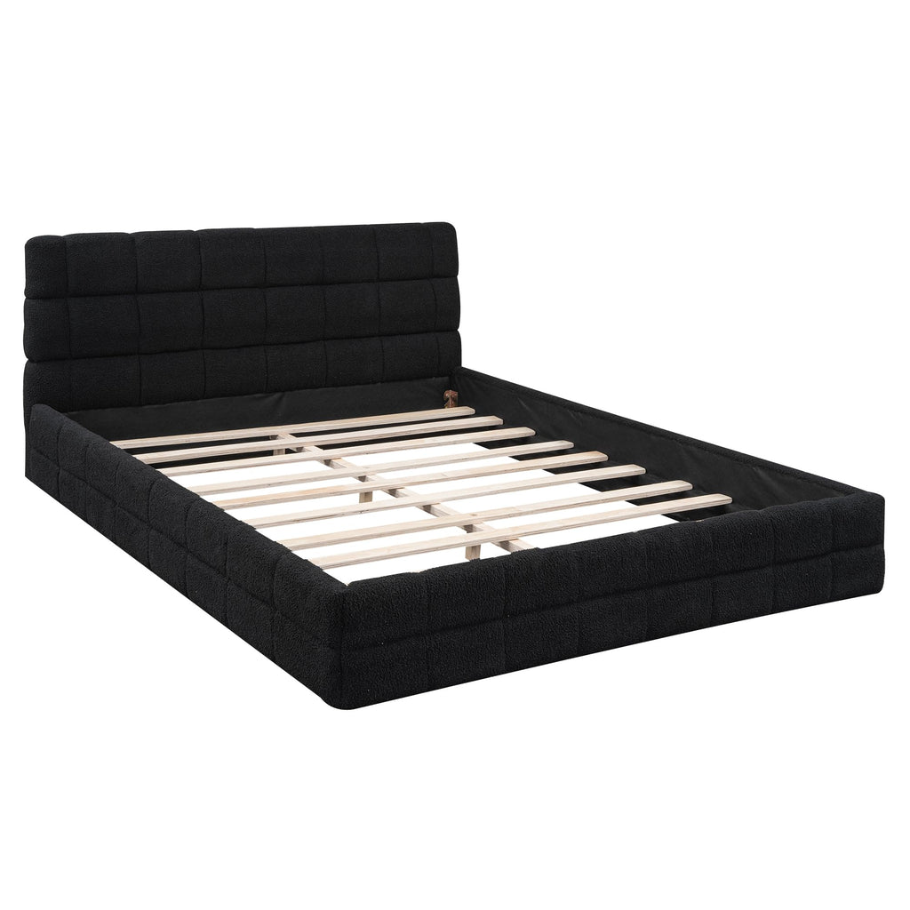 Queen Size Upholstered Platform Bed, Fleece Floor Bed with Tufted Headboard, Luxurious Low Profile Bed Frame with