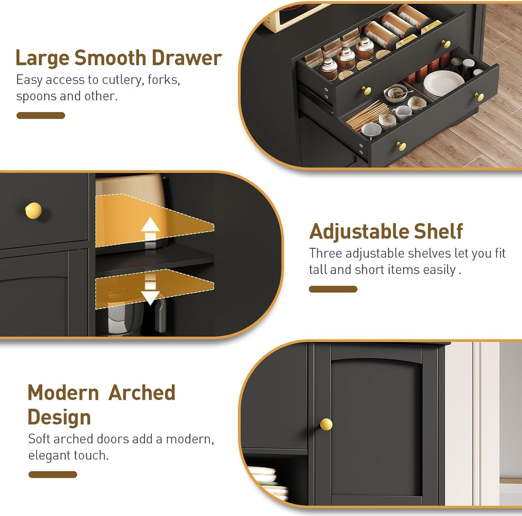 Pantry Cabinet with Charging Station and LED Light, Kitchen Hutch Cabinet Countertop, Drawers and Adjustable Shelf