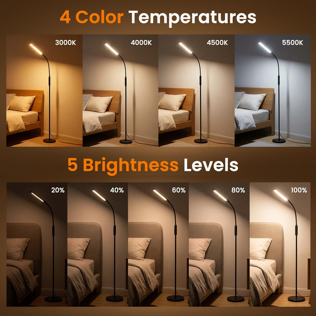 LED Floor Lamp with Remote, Standing Reading Lamp 4 Color Temperatures 3000K-5500K & 5 Brightness Dimmable, Gooseneck