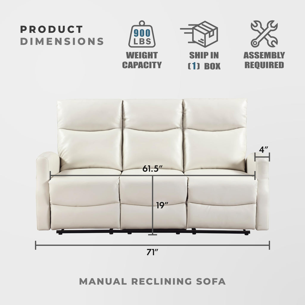 Manual Reclining Sofa, Magazine Pockets, Beige Faux Leather