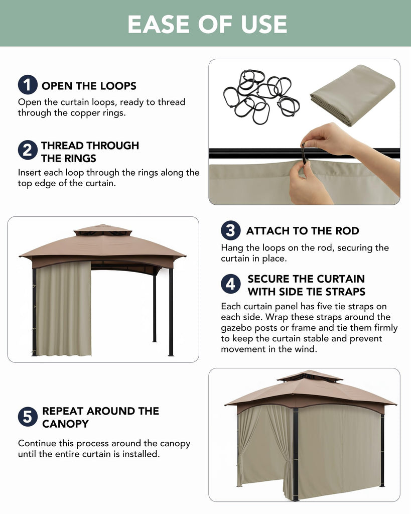 Patio Curtains Outdoor Waterproof with Zipper, 4-Panel, Taupe