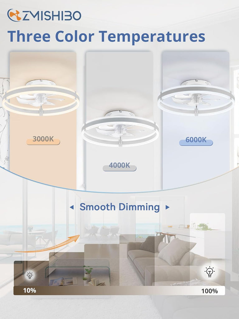 Ceiling Fans with Lights and Remote, 19.7'' Low Profile Ceiling Fan, 3000-6000K Dimmable Modern Flush Mount LED Fan Light, 6 Wind Speeds, White Fandelier Ceiling Fans for Bedroom A101-B0DBHC6FNR